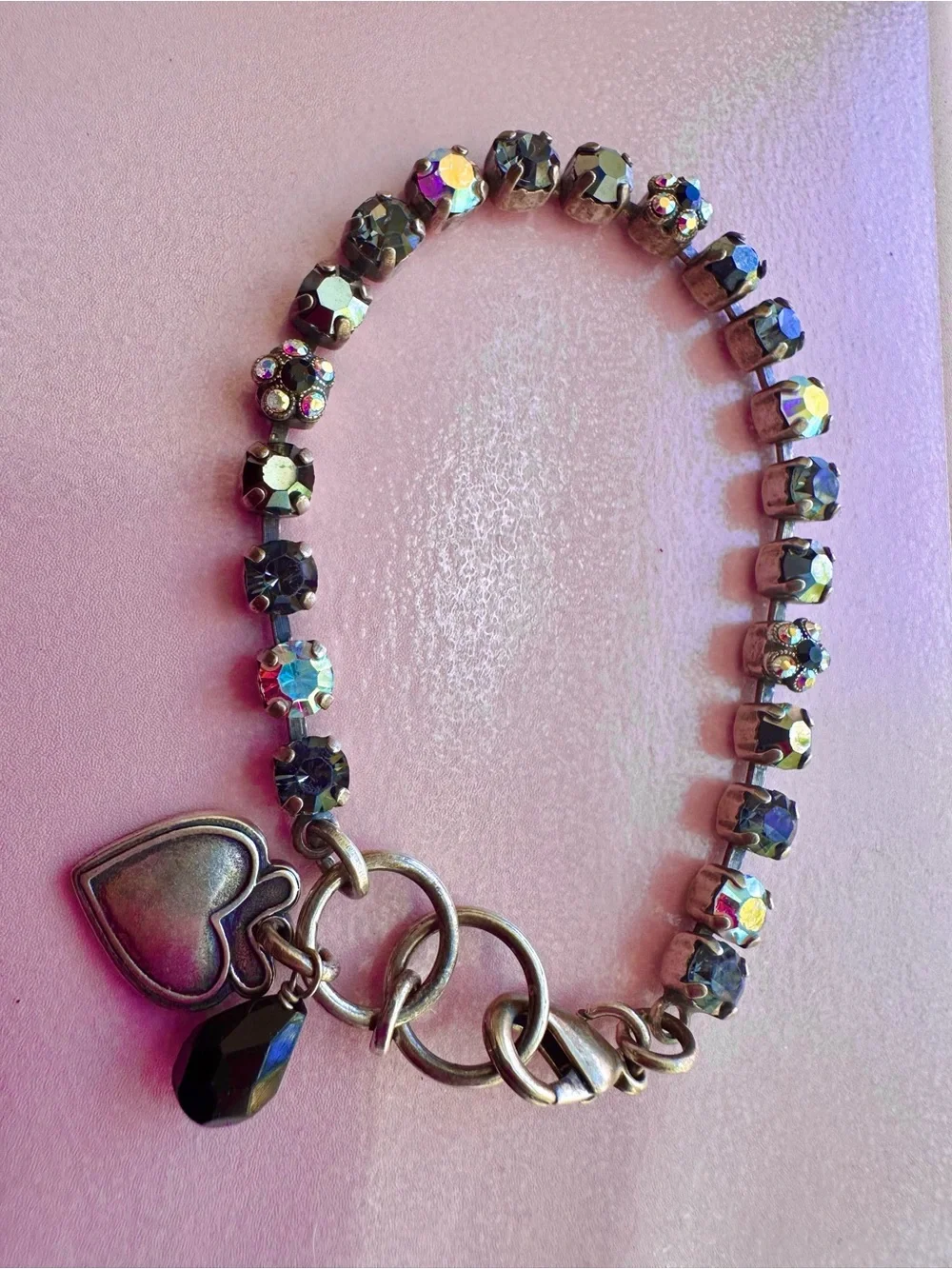 Mariana Silver,Black, Gray, ab, flower Swarovski Crystal Heart Charm Bracelet